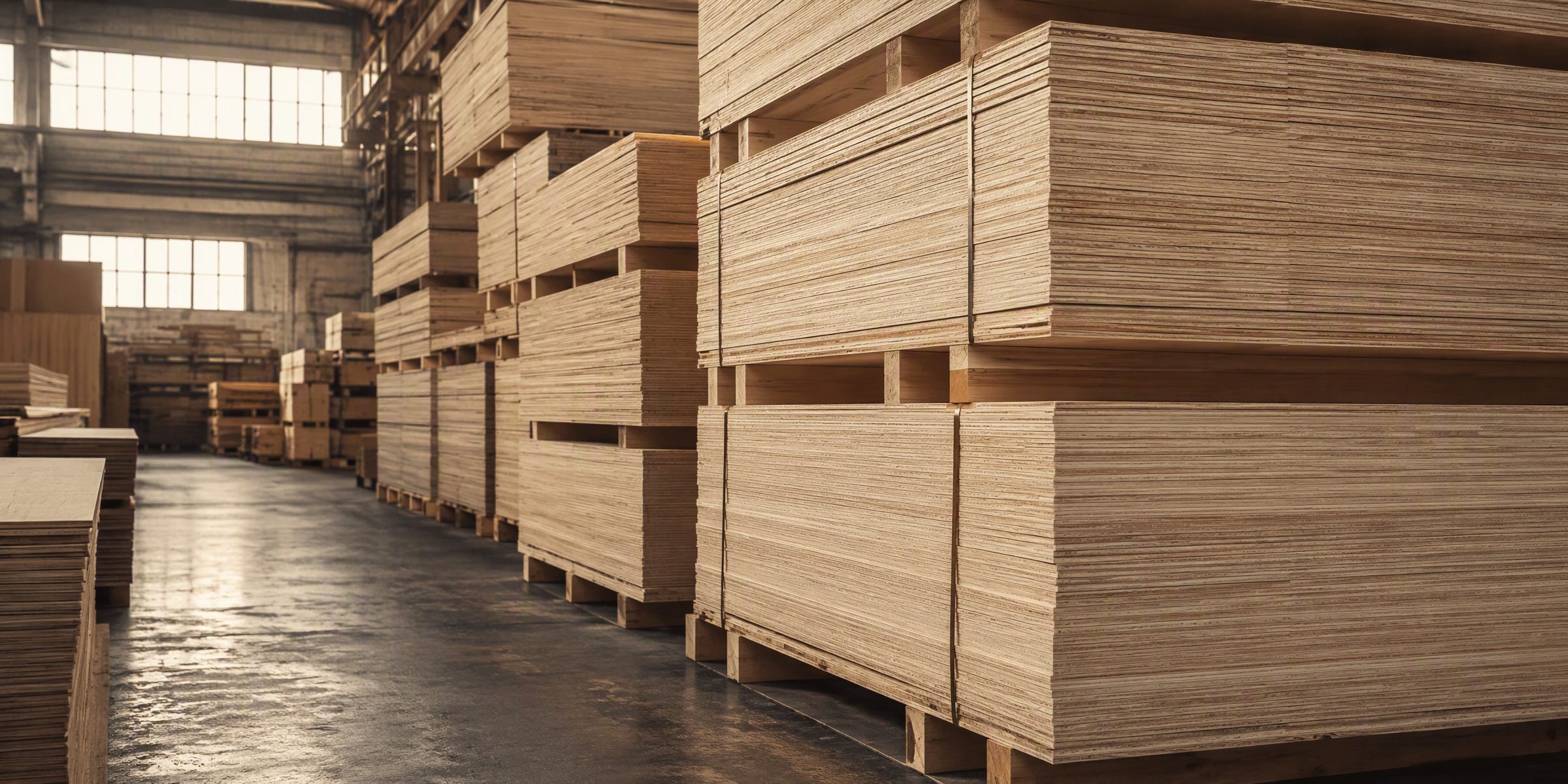 Stacks of birch plywood sheets in the Opeskey warehouse