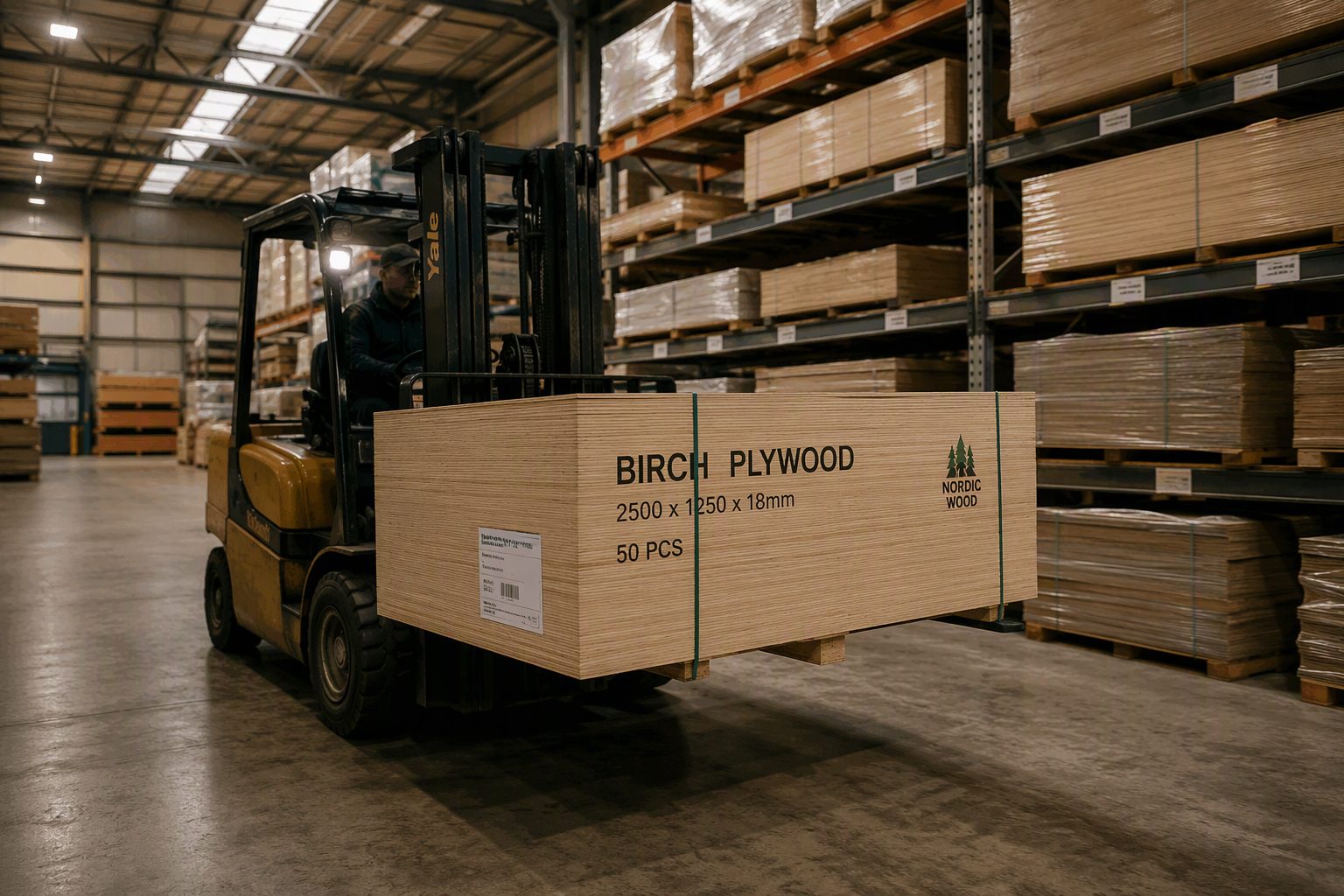 Opeskey warehouse with plywood bundles